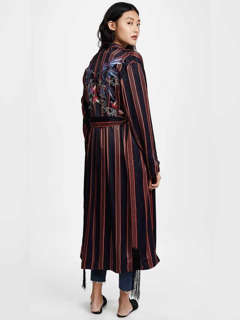 Rare Free People Atrium Duster XS Embroidered Striped Long Jacket Navy / Rust